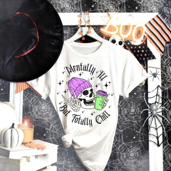 Mentally Ill But Totally Chill Funny Halloween Skeleton Shirt for Coffee Lovers - Picture 2 of 10